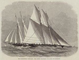 De internationale jachtwedstrijd, de Cambria trotseert de Sappho bij Bonchurch